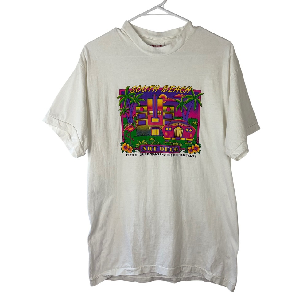 Vintage Basix South Beach Art Deco Neon Graphic T-Shirt White Large Mens 90s